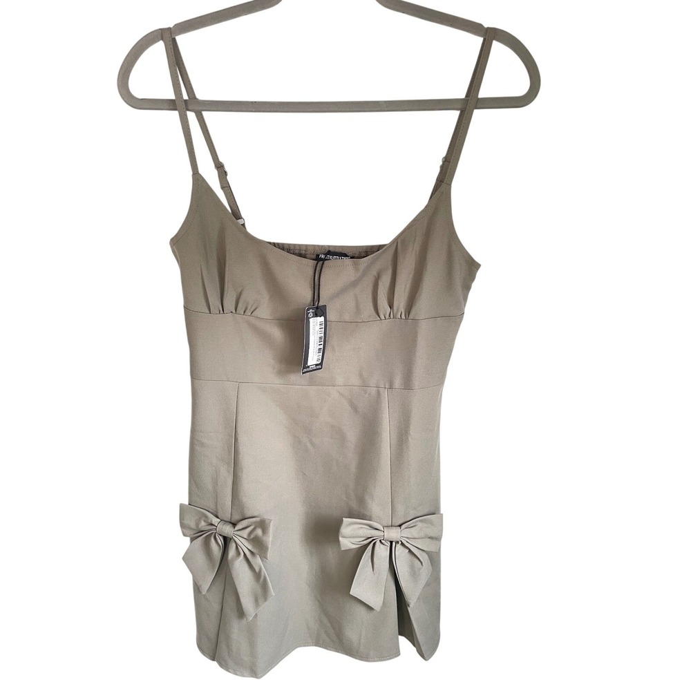 NWT PrettyLittleThing Khaki/Taupe Tailored Woven‎ Pleated Bow Shift Mini Dress 6